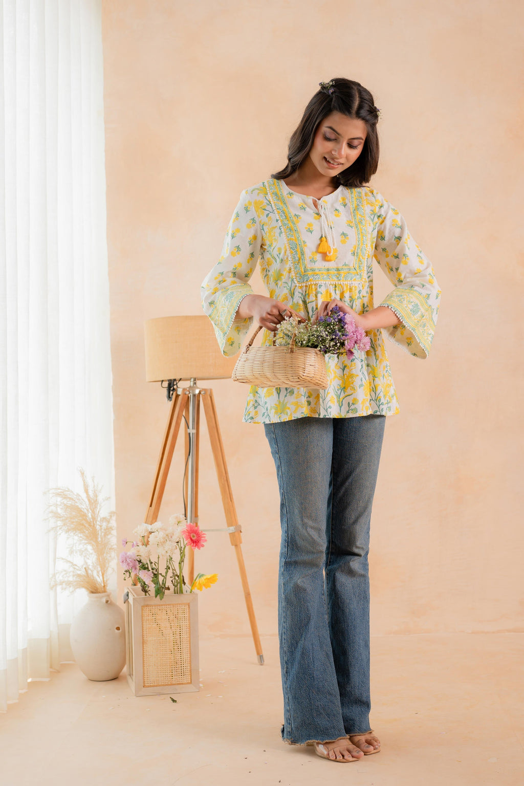 Juniper Off-White & Yellow Floral Printed Gathered Ethnic Tunic with Lace Yoke - Distacart
