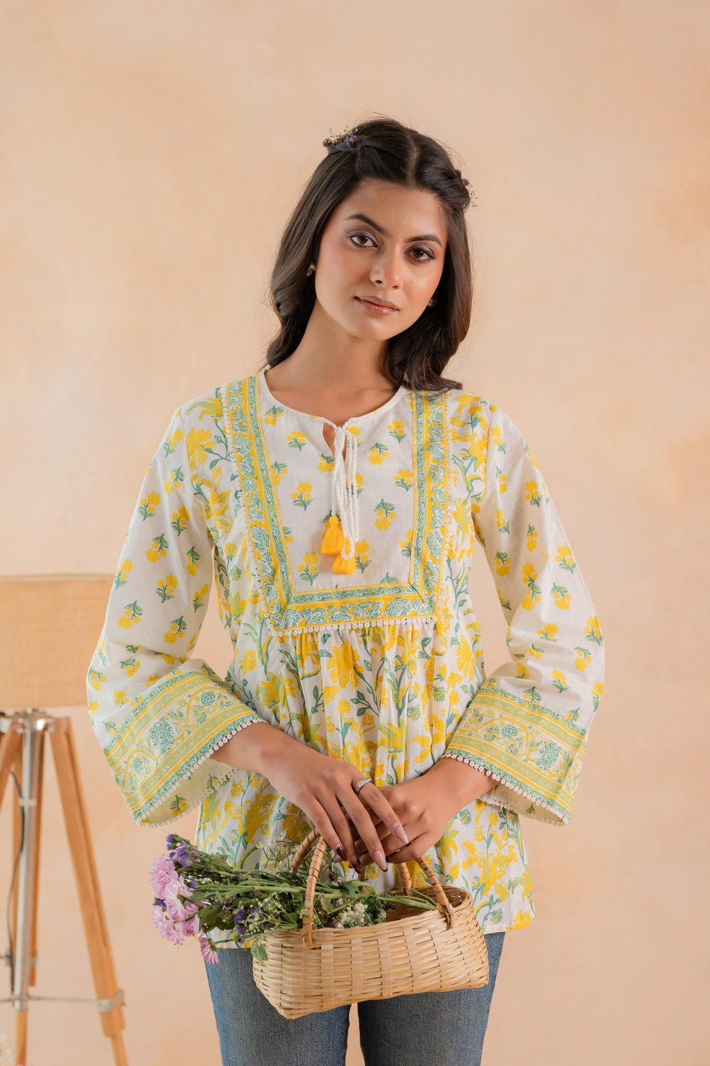 Juniper Off-White & Yellow Floral Printed Gathered Ethnic Tunic with Lace Yoke - Distacart