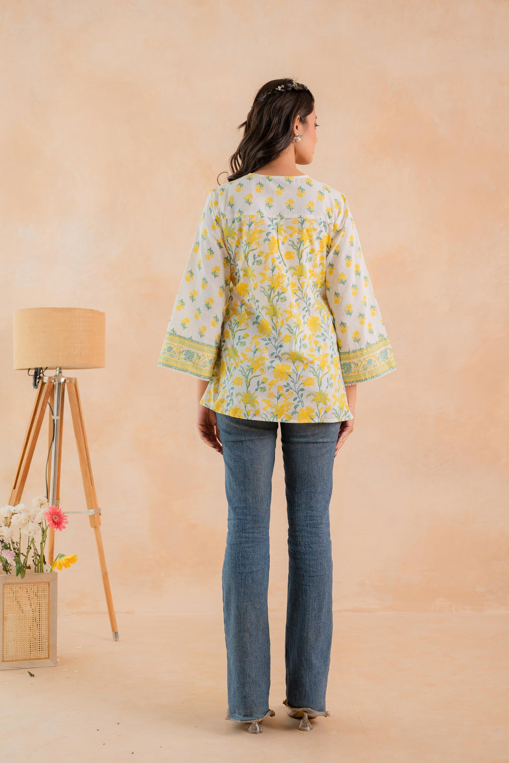 Juniper Off-White & Yellow Floral Printed Gathered Ethnic Tunic with Lace Yoke - Distacart