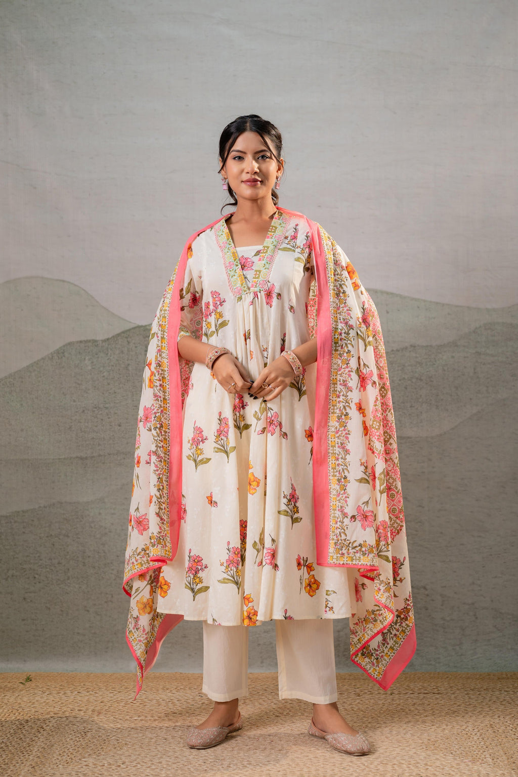 Juniper Bloom Veil Floral Anarkali Kurta Pant And Dupatta Set - Distacart