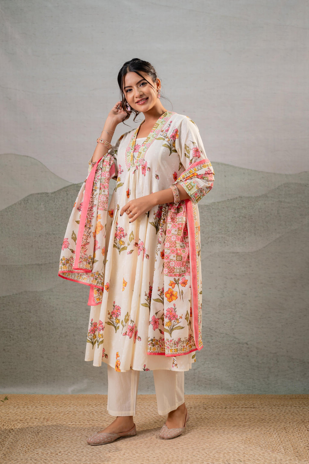 Juniper Bloom Veil Floral Anarkali Kurta Pant And Dupatta Set - Distacart