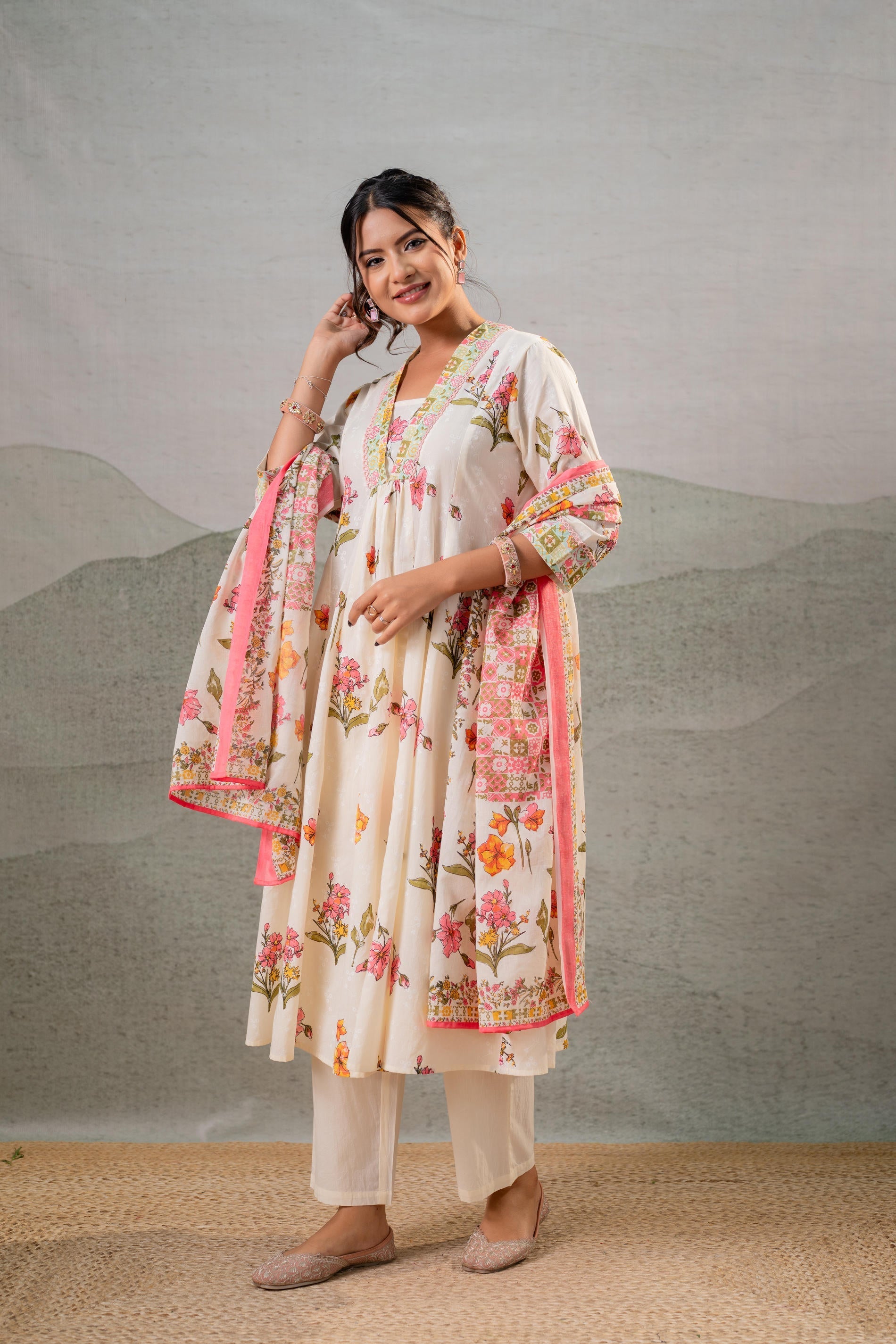 Juniper Bloom Veil Floral Anarkali Kurta Pant And Dupatta Set - Distacart