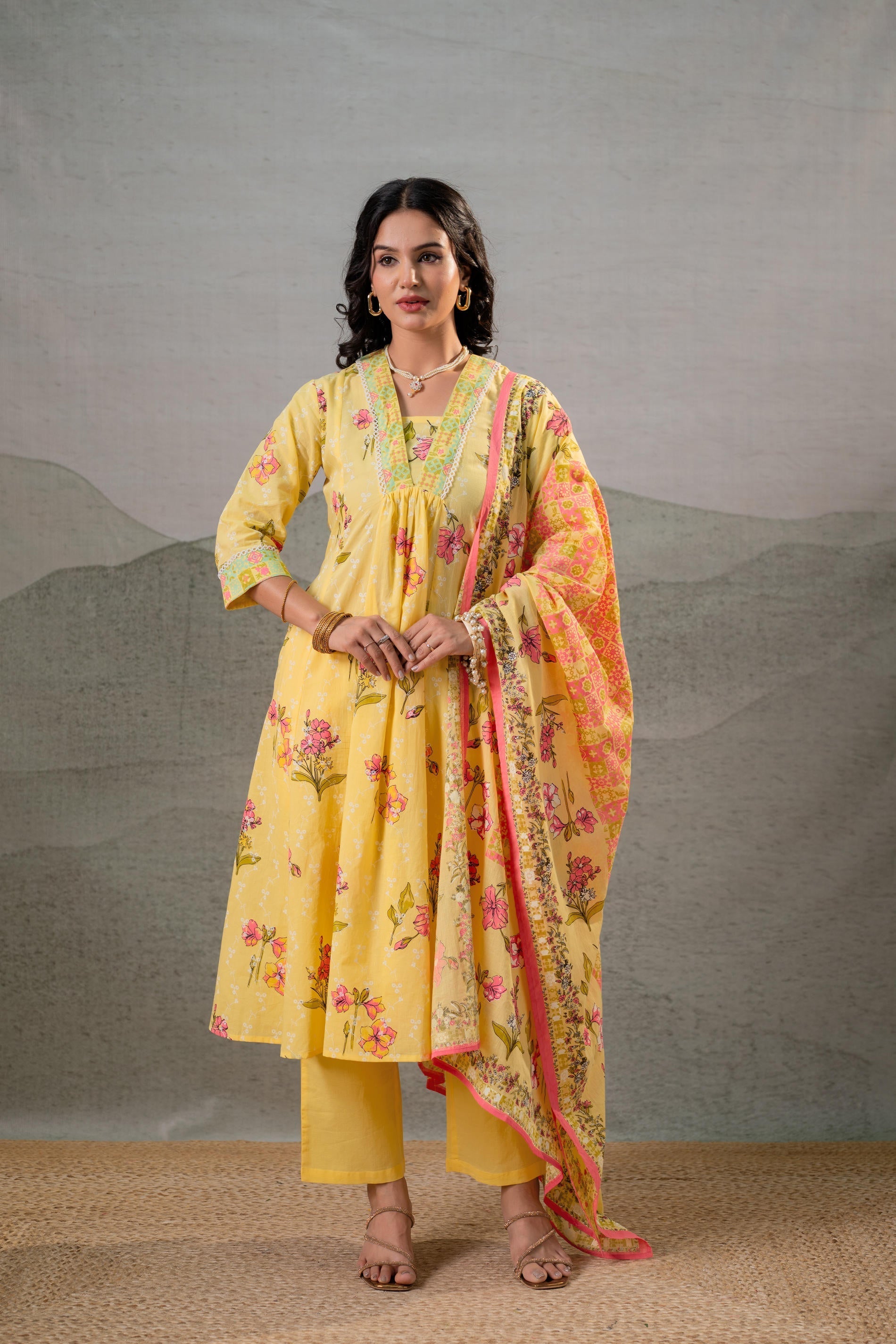 Juniper Bloom Veil Floral Anarkali Kurta Pant And Dupatta Set - Distacart
