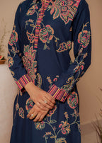 Juniper Midnight Blue Floral Printed Viscose Kurta With Button Detailing - Distacart
