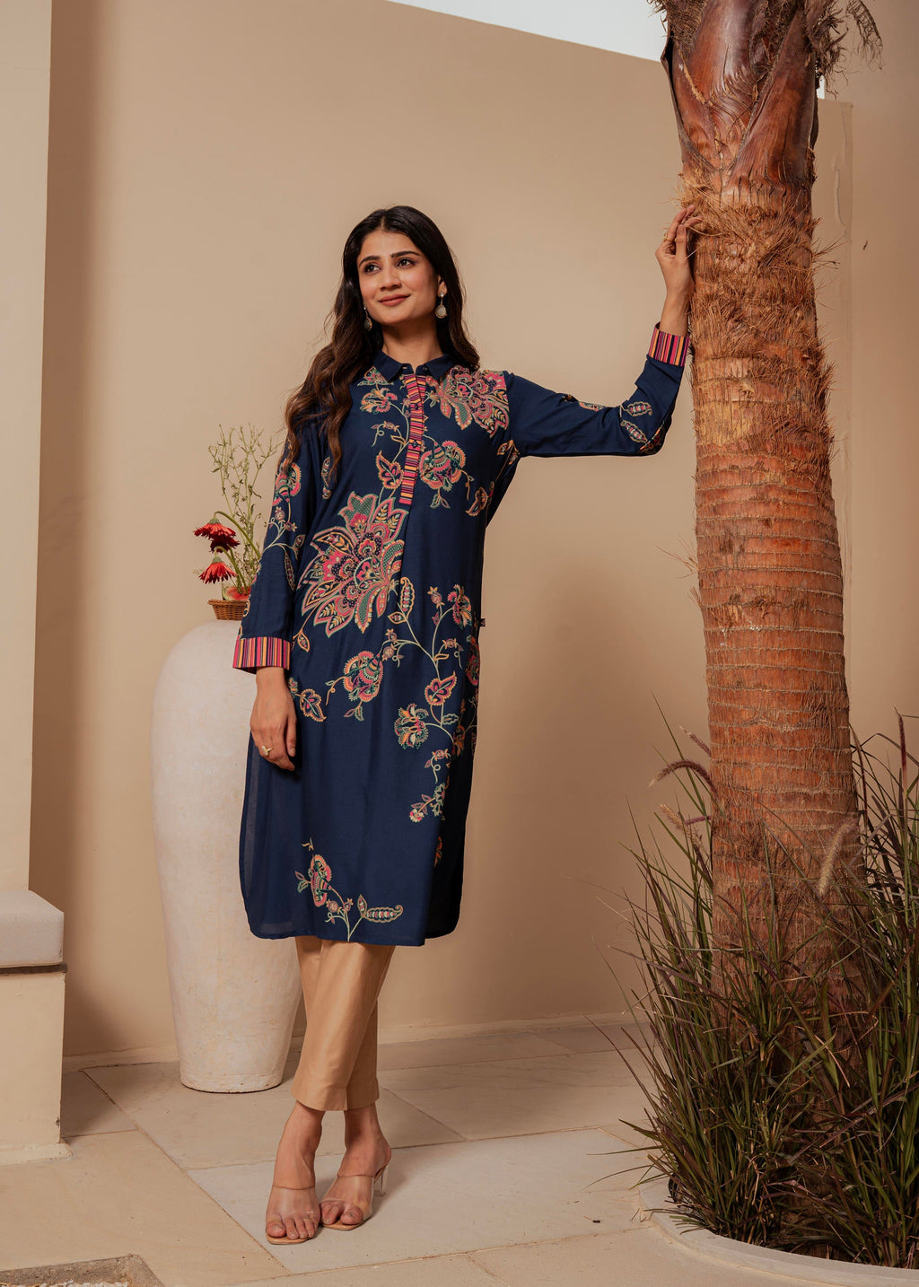 Juniper Midnight Blue Floral Printed Viscose Kurta With Button Detailing - Distacart