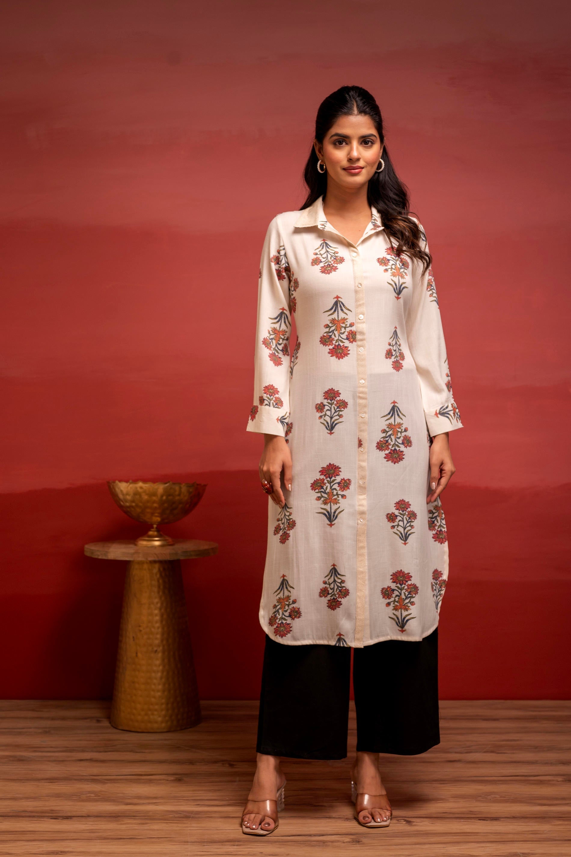Juniper White Floral Printed Viscose Kurta With Button Detailing - Distacart