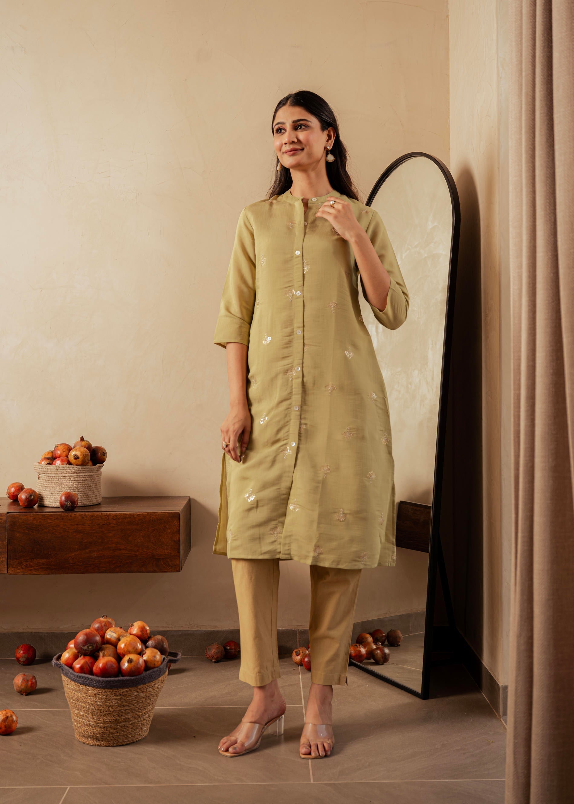 Juniper Sage Green Solid Viscose A-Line Kurta With Embroidery, Beads & Button Detailing - Distacart