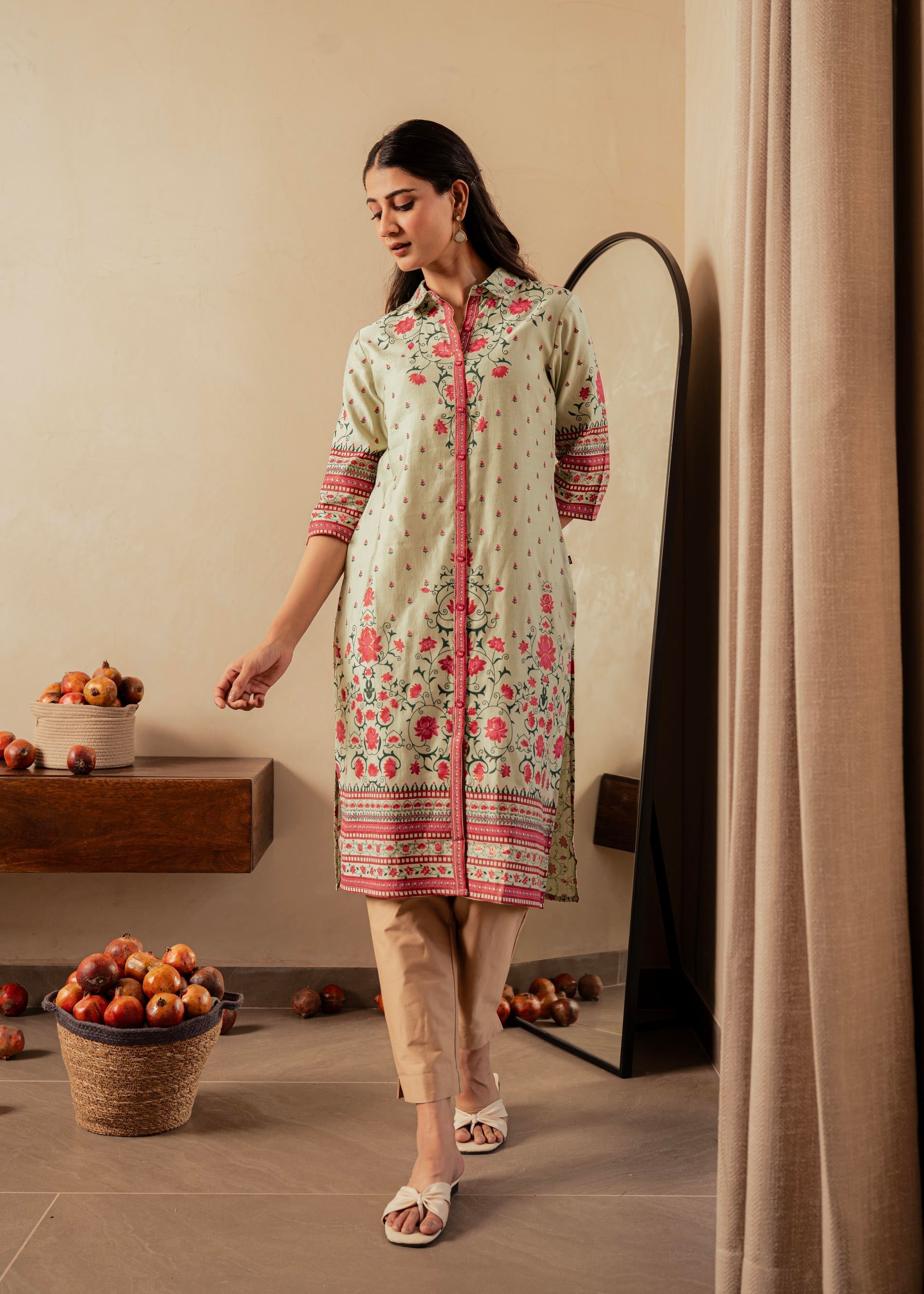 Juniper Sage Green Floral Printed Viscose Kurta With Button Detailing - Distacart