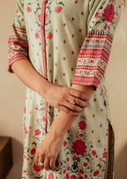 Juniper Sage Green Floral Printed Viscose Kurta With Button Detailing - Distacart