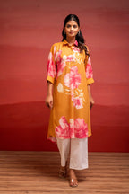Juniper Mustard Floral Printed A-Line Kurta With Button Detailing - Distacart