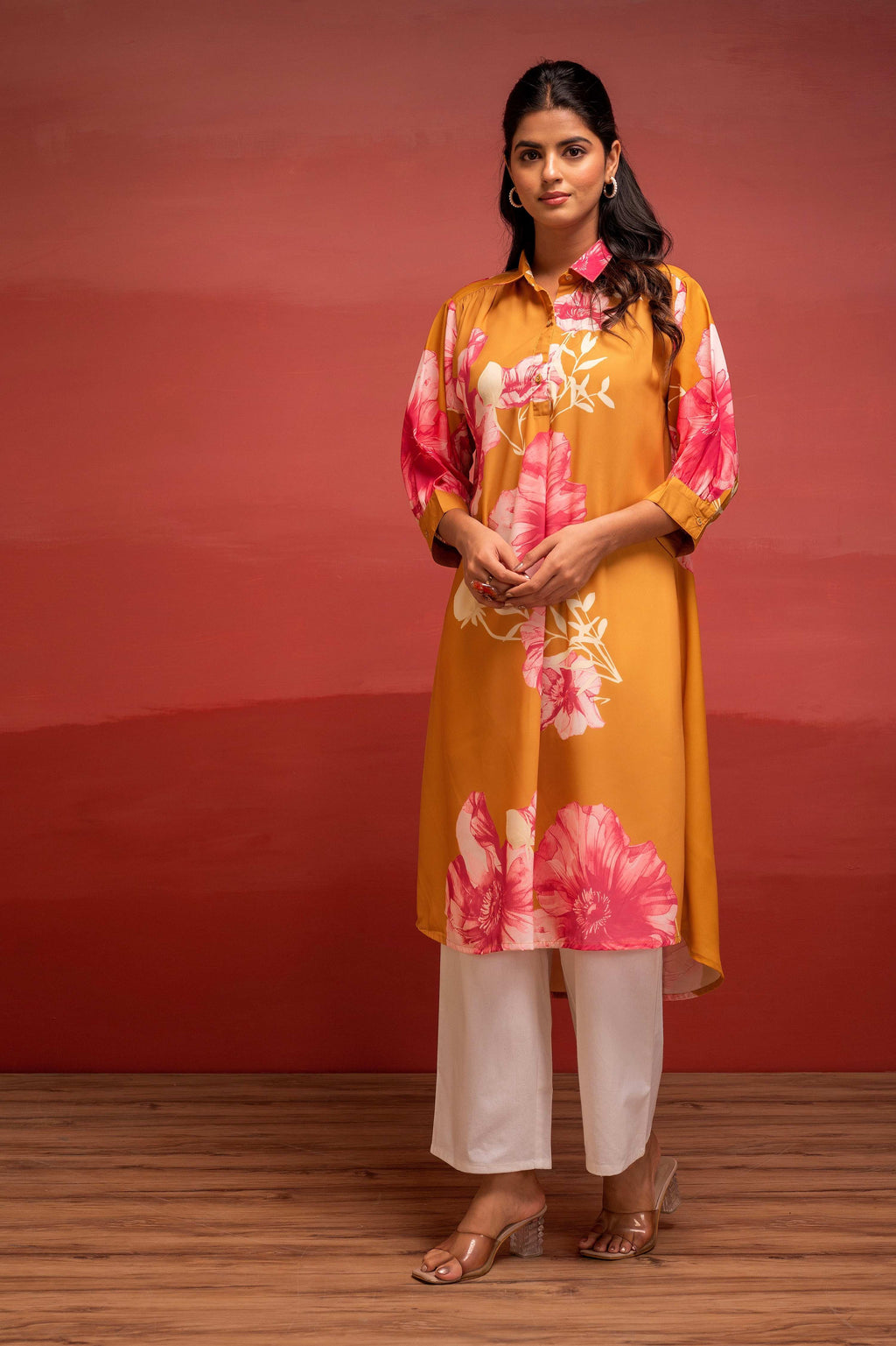 Juniper Mustard Floral Printed A-Line Kurta With Button Detailing - Distacart