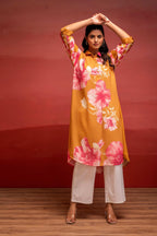 Juniper Mustard Floral Printed A-Line Kurta With Button Detailing - Distacart