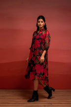 Juniper Black Floral Printed A-Line Kurta With Inner And Button Detailing - Distacart