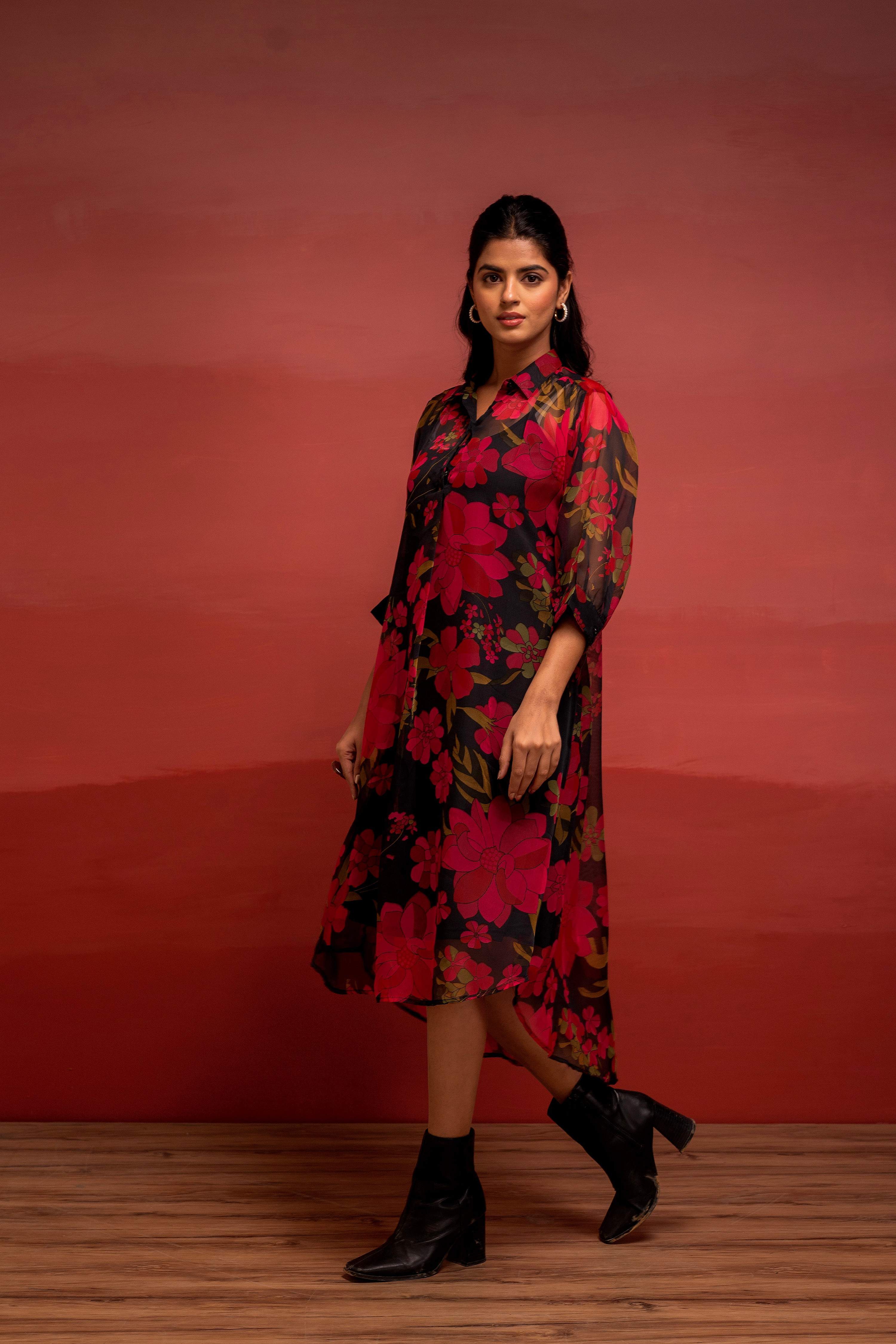 Juniper Black Floral Printed A-Line Kurta With Inner And Button Detailing - Distacart