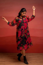 Juniper Black Floral Printed A-Line Kurta With Inner And Button Detailing - Distacart