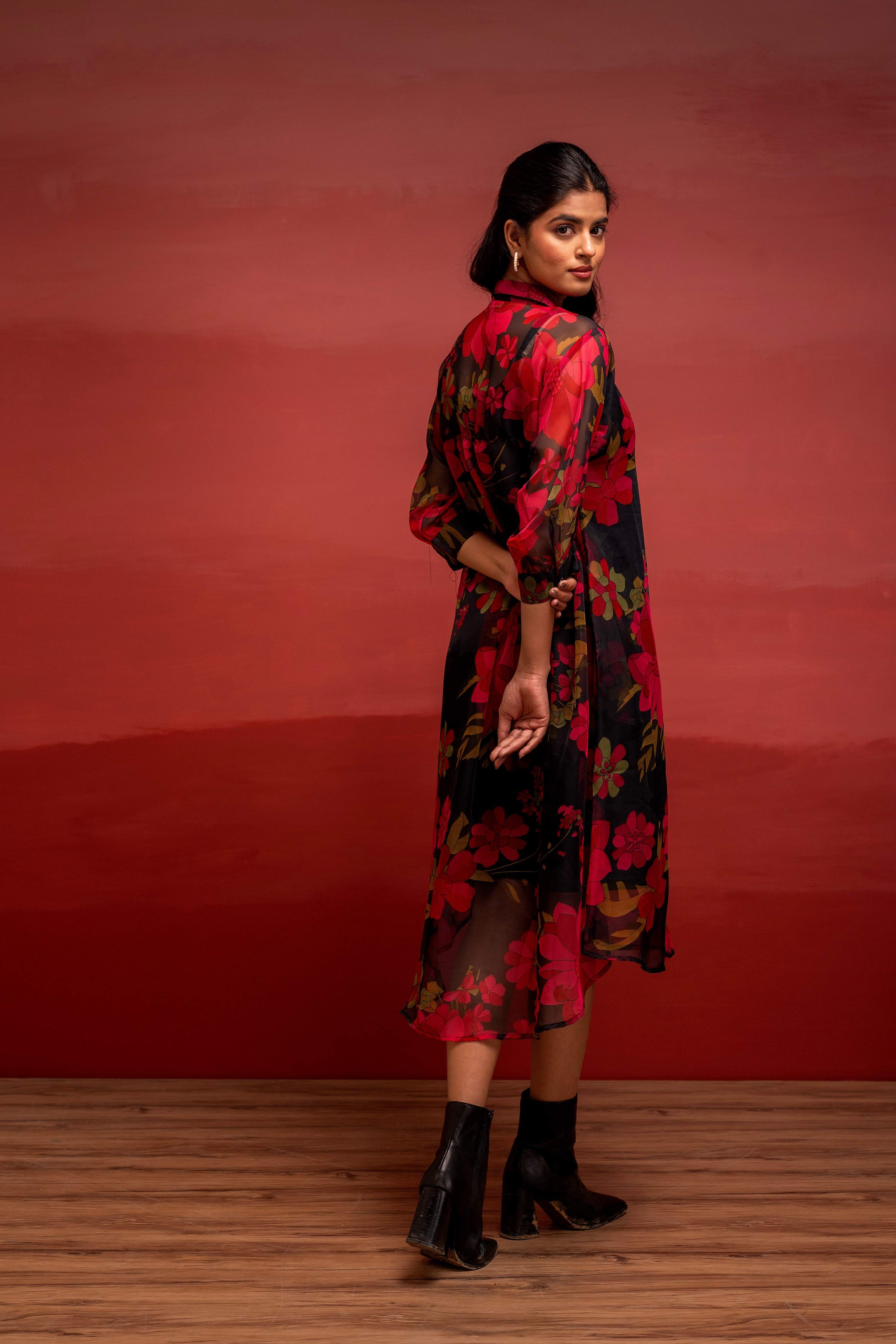 Juniper Black Floral Printed A-Line Kurta With Inner And Button Detailing - Distacart