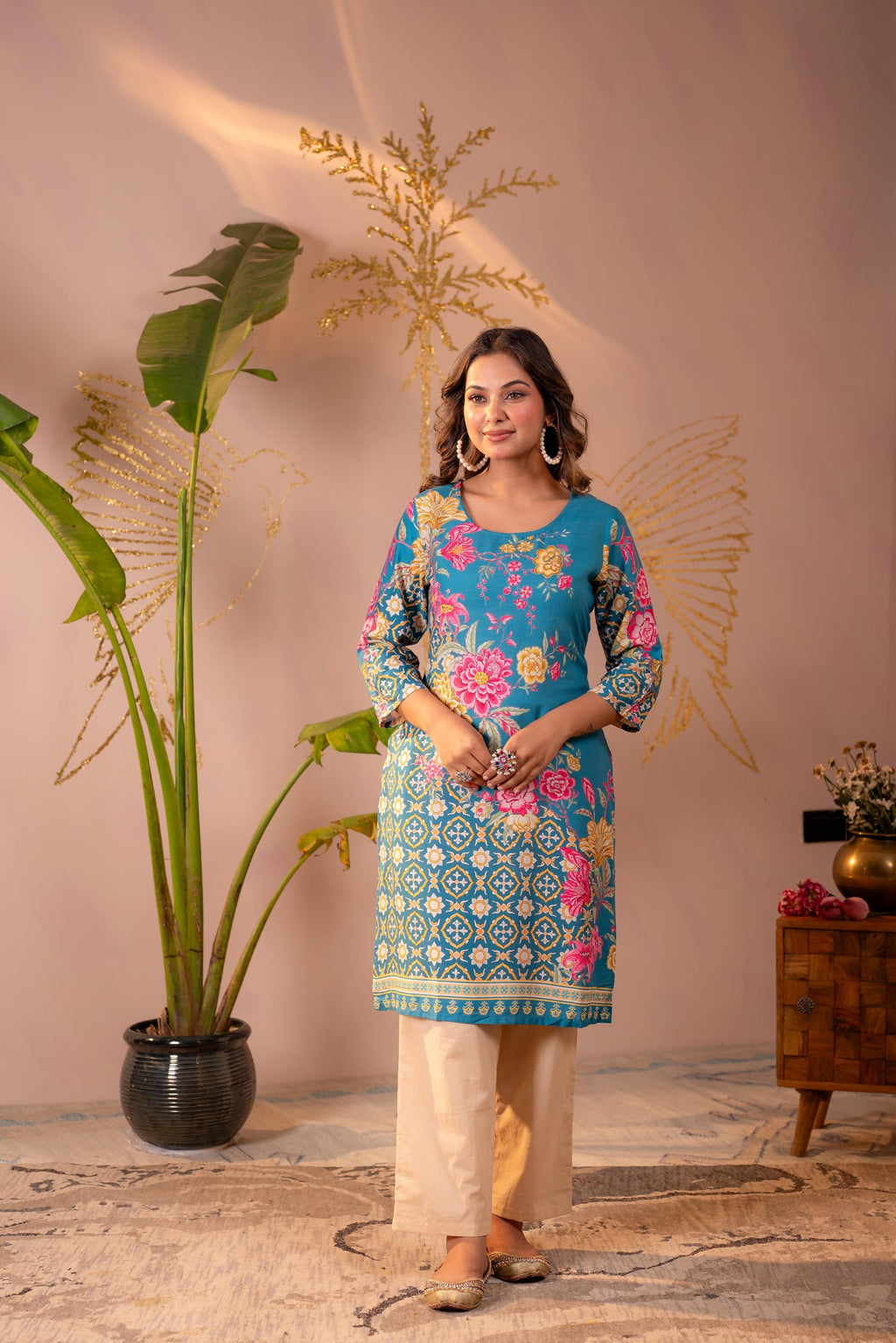 Juniper Blue Floral Printed Straight Kurta With Mughal Motifs - Distacart