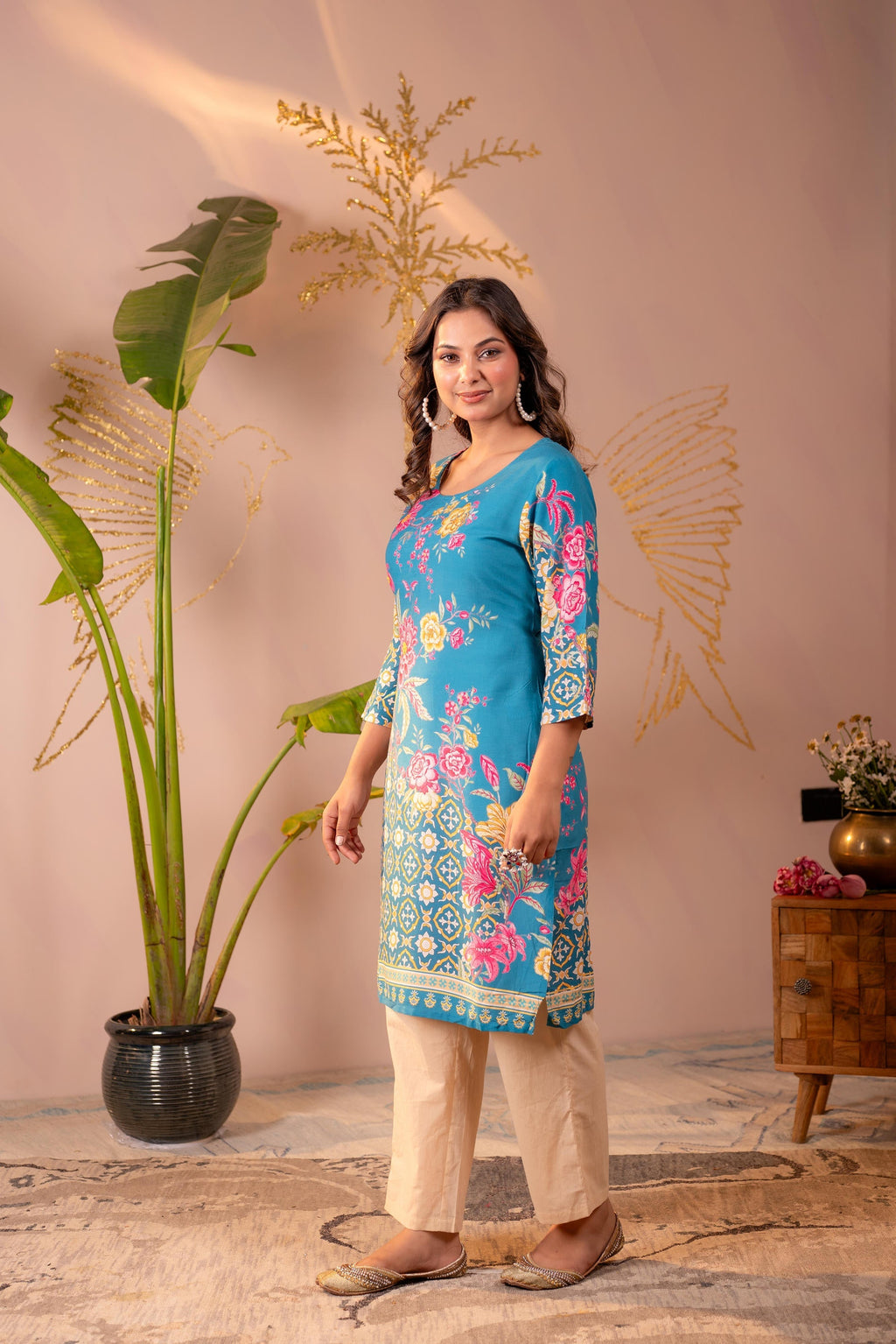 Juniper Blue Floral Printed Straight Kurta With Mughal Motifs - Distacart