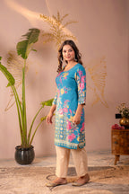 Juniper Blue Floral Printed Straight Kurta With Mughal Motifs - Distacart