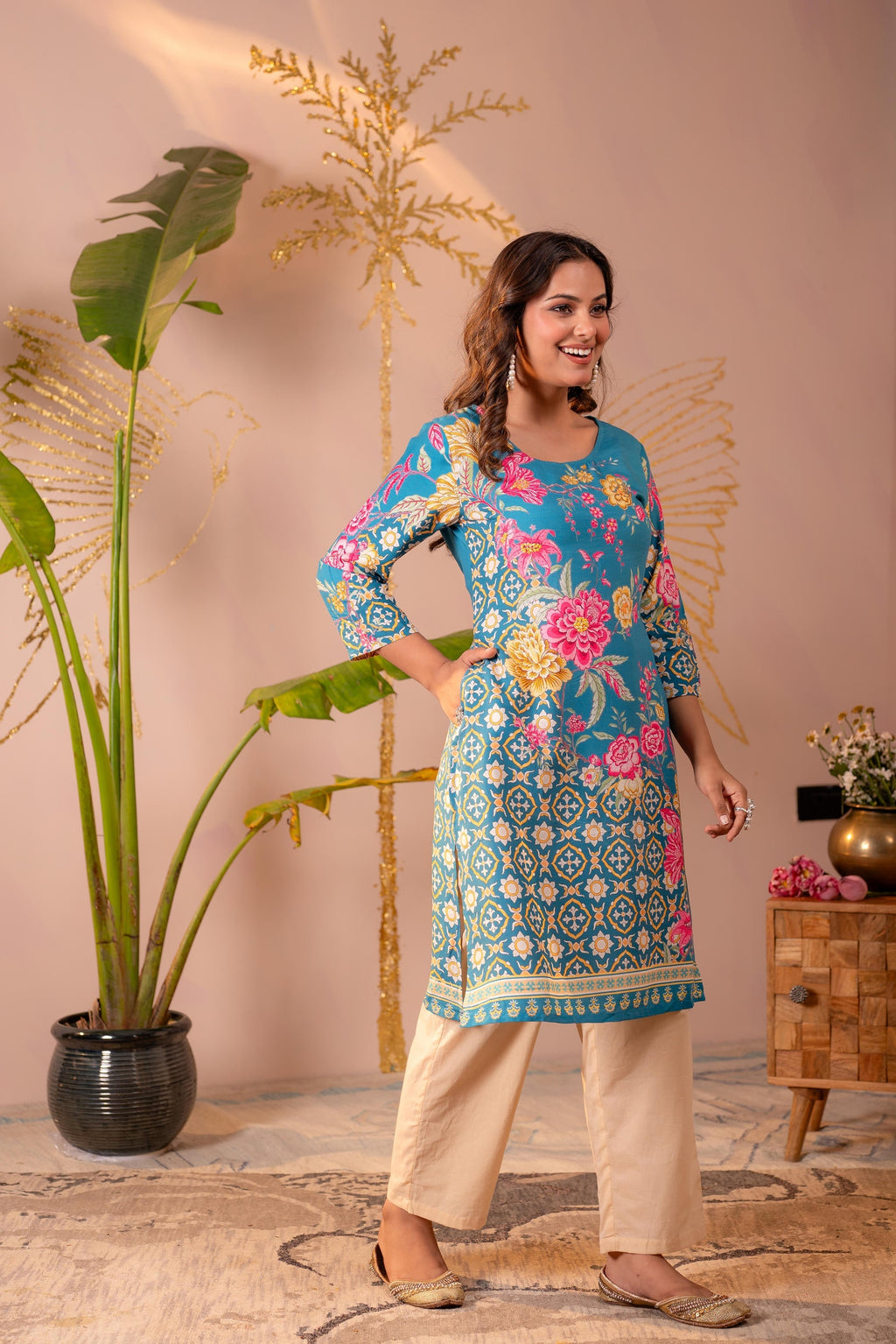 Juniper Blue Floral Printed Straight Kurta With Mughal Motifs - Distacart