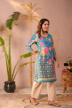 Juniper Blue Floral Printed Straight Kurta With Mughal Motifs - Distacart