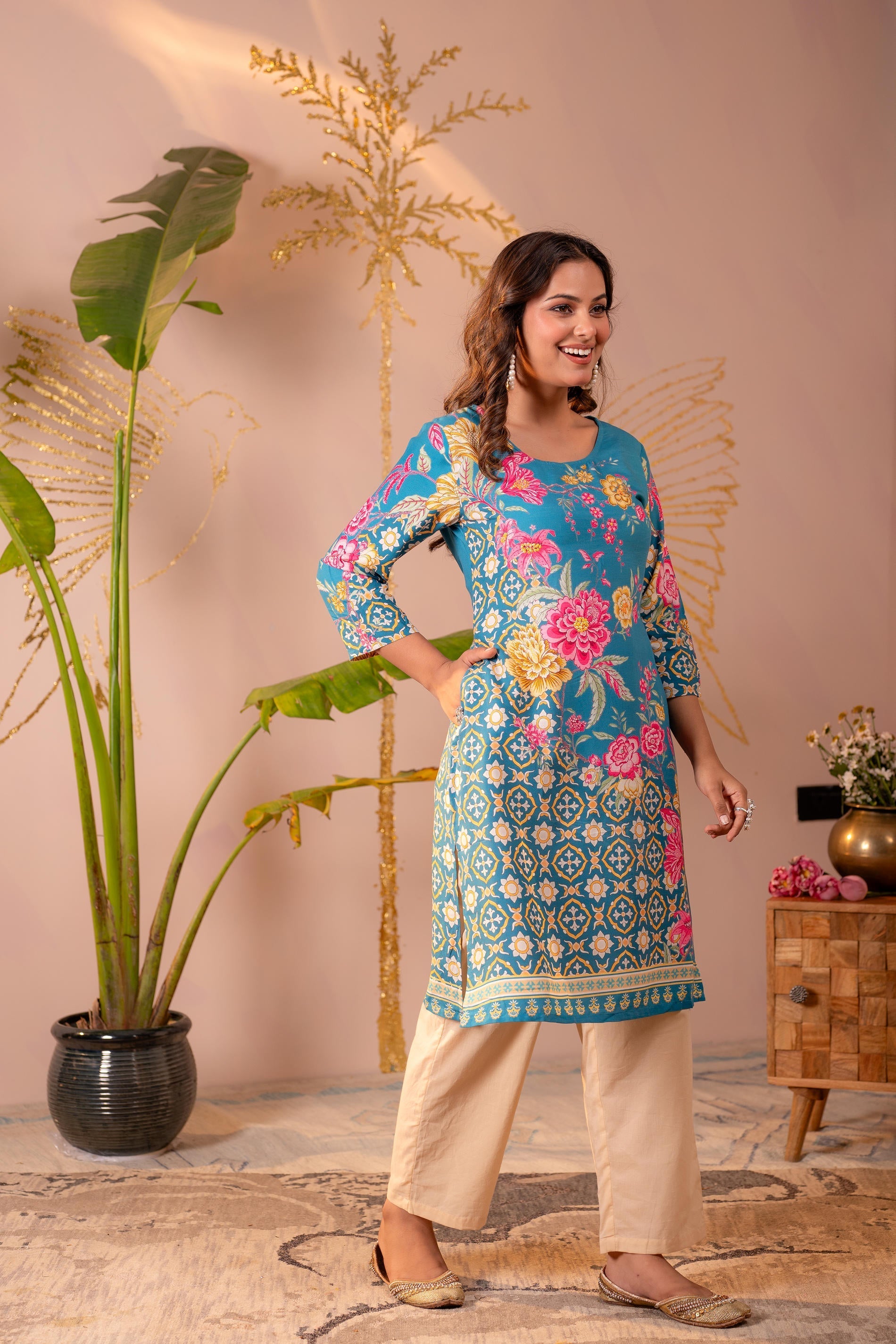 Juniper Blue Floral Printed Straight Kurta With Mughal Motifs - Distacart