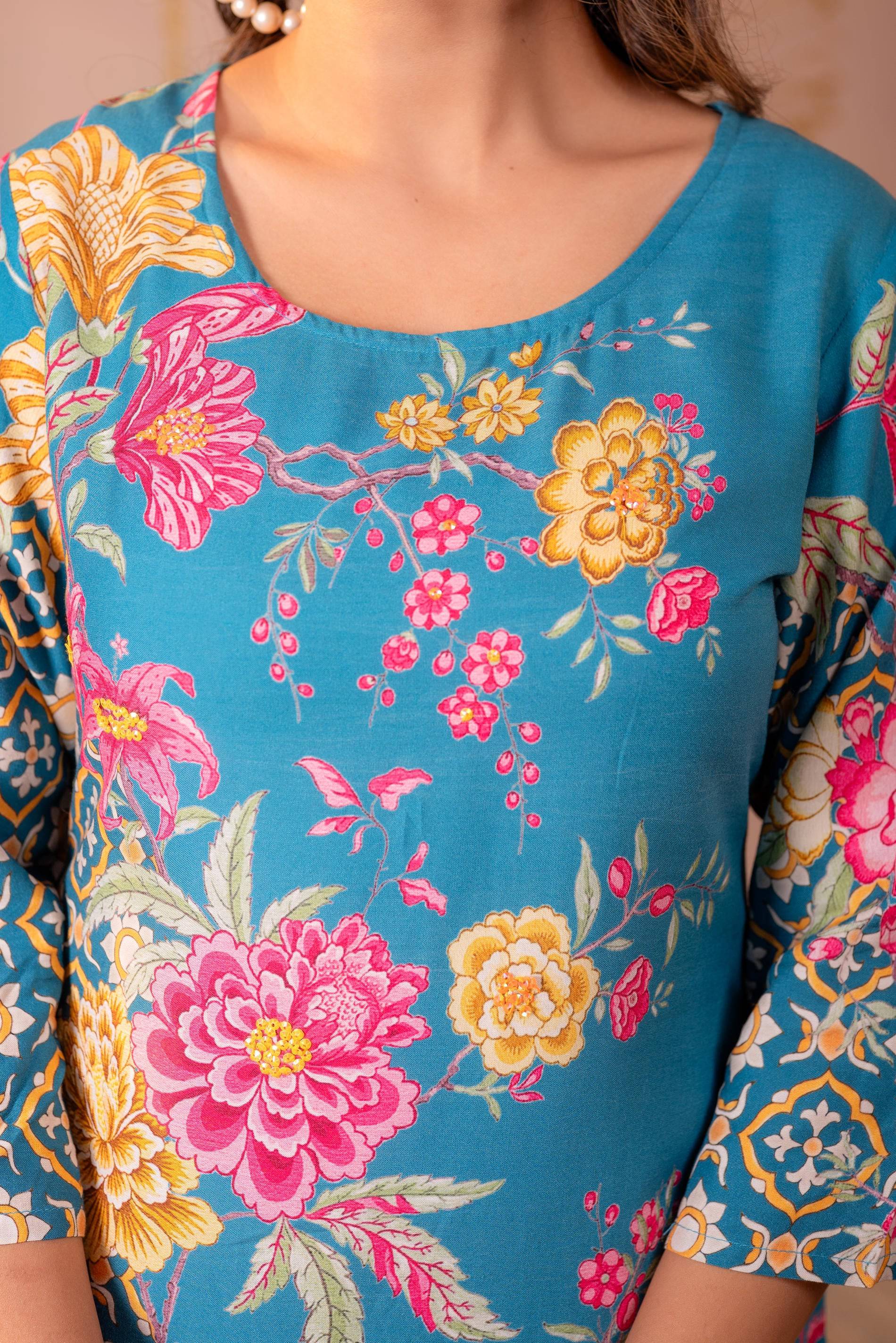 Juniper Blue Floral Printed Straight Kurta With Mughal Motifs - Distacart