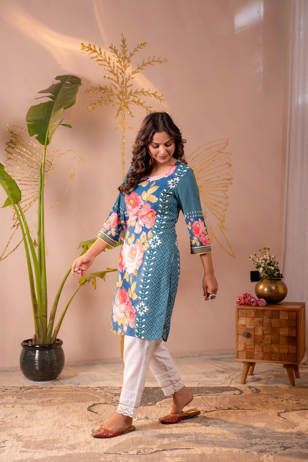 Juniper Blue Floral Printed Straight Kurta - Distacart