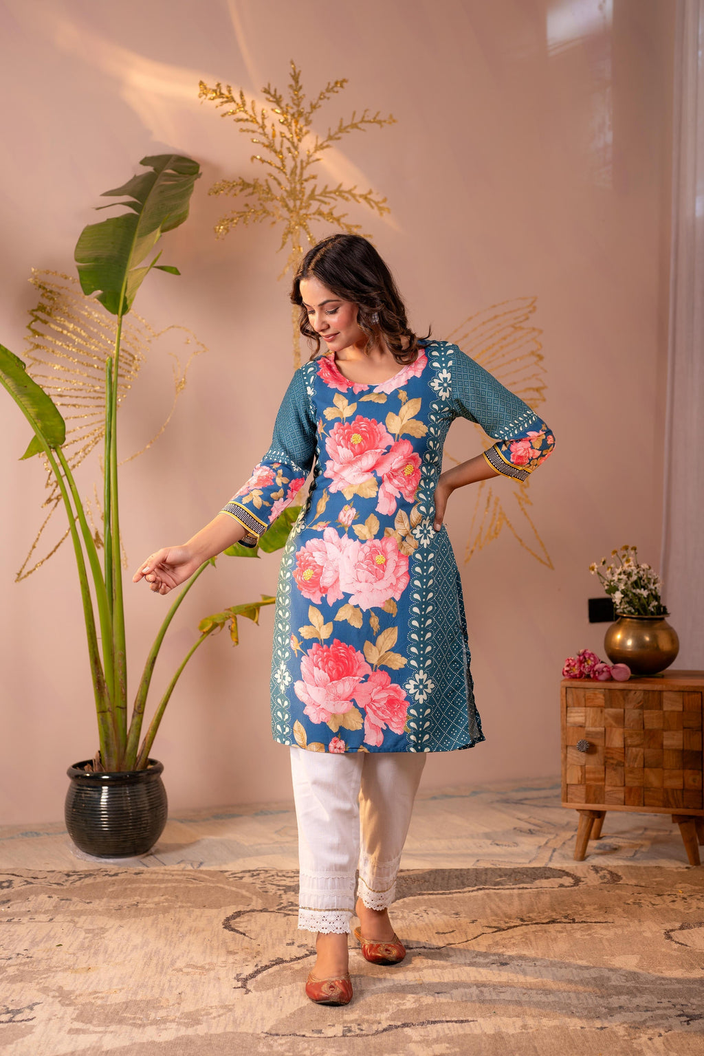 Juniper Blue Floral Printed Straight Kurta - Distacart