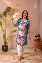Juniper Blue Floral Printed Straight Kurta - Distacart