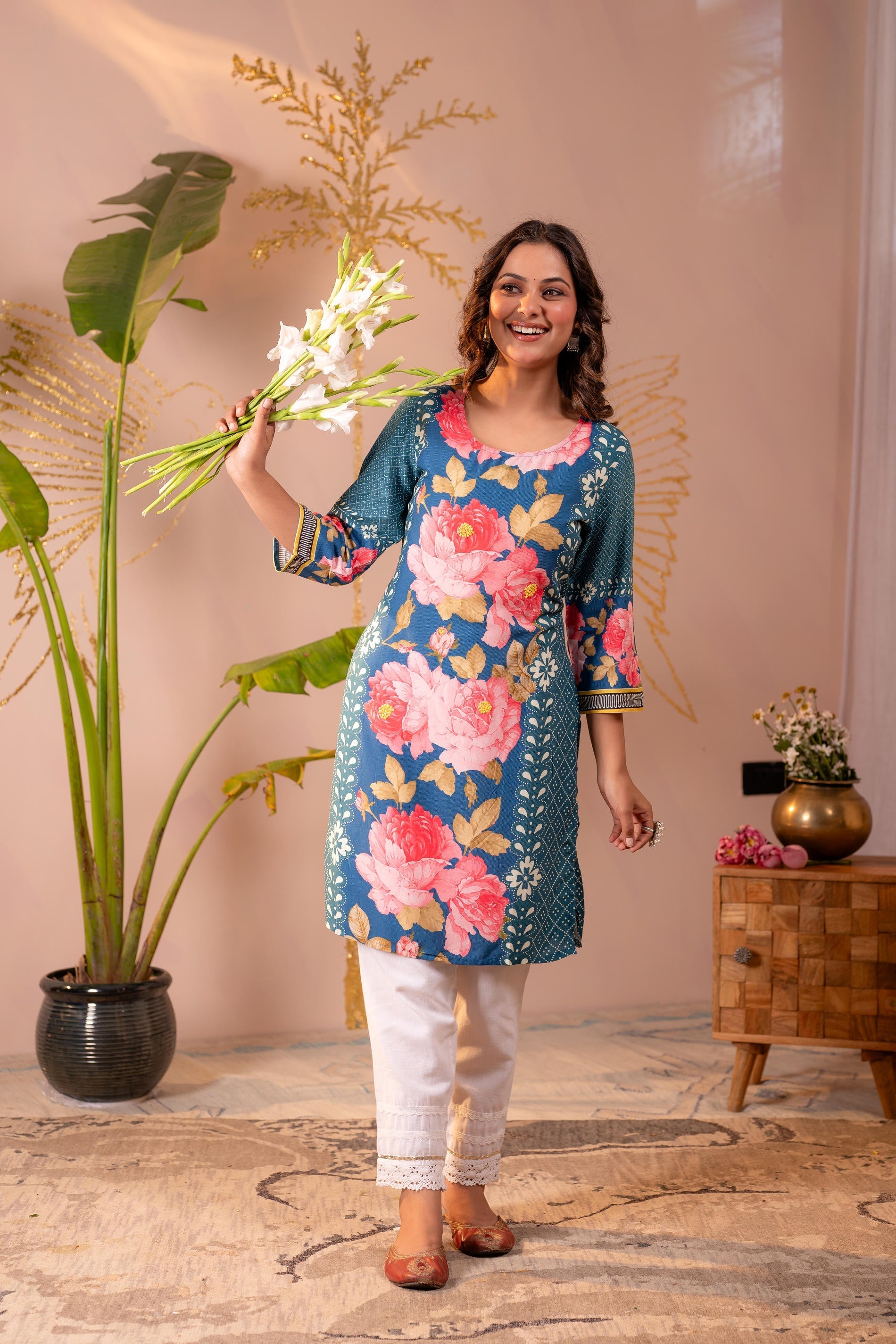 Juniper Blue Floral Printed Straight Kurta - Distacart