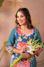 Juniper Blue Floral Printed Straight Kurta - Distacart