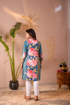 Juniper Blue Floral Printed Straight Kurta - Distacart