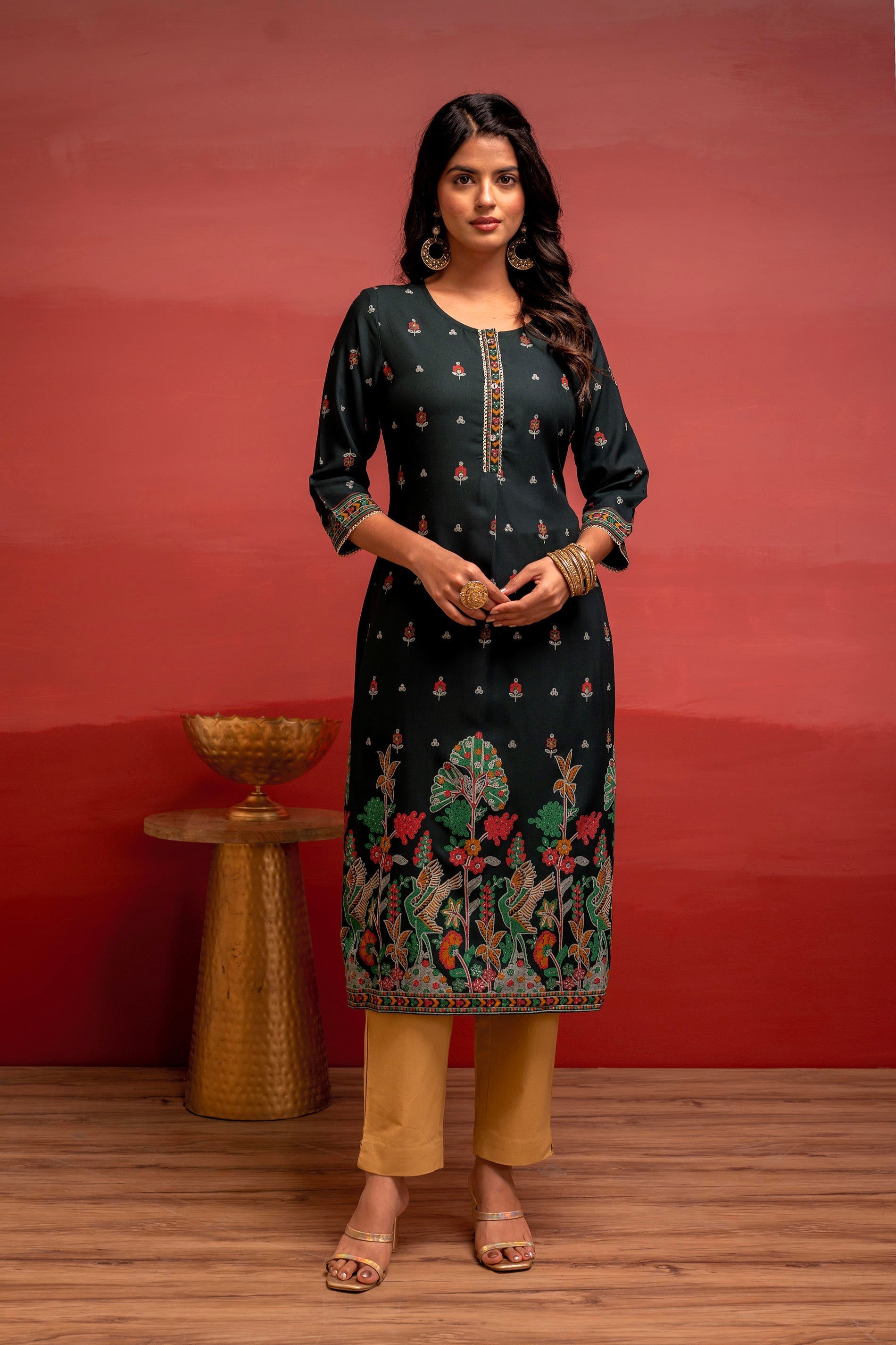 Juniper Dark Green Festive Straight Kurta With Heritage Motifs - Distacart