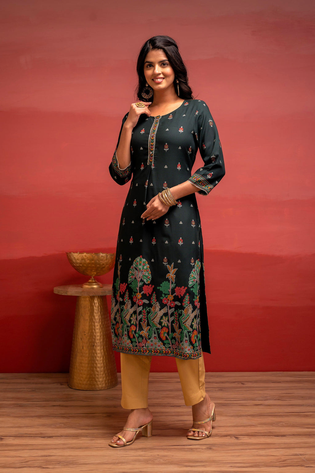 Juniper Dark Green Festive Straight Kurta With Heritage Motifs - Distacart