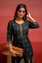 Juniper Dark Green Festive Straight Kurta With Heritage Motifs - Distacart