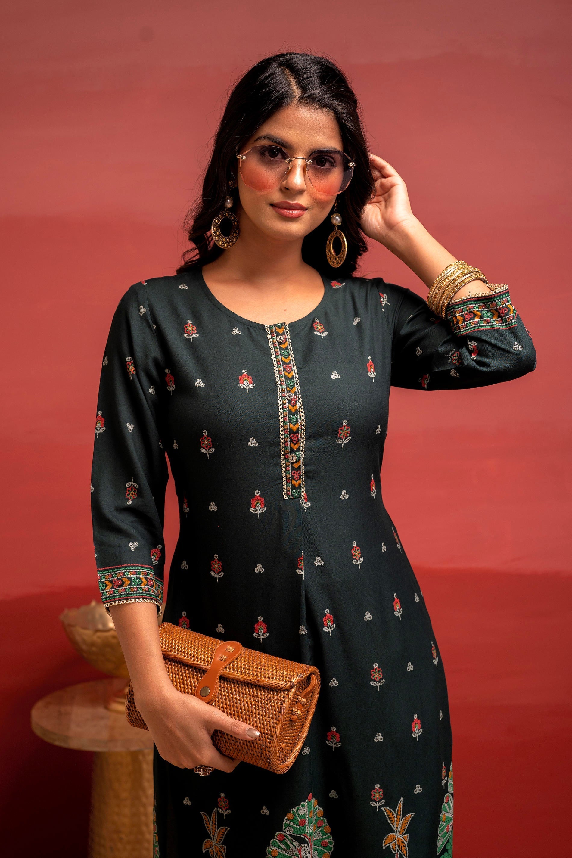 Juniper Dark Green Festive Straight Kurta With Heritage Motifs - Distacart