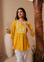 Juniper Mustard Striped Cotton Tunic With Thread Work And Button Detailing