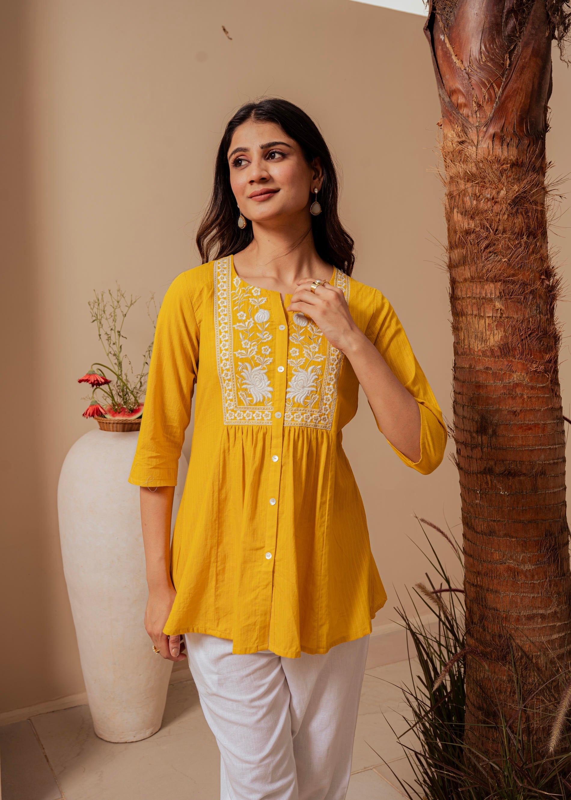 Juniper Mustard Striped Cotton Tunic With Thread Work And Button Detailing