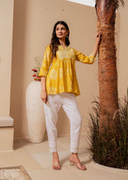 Juniper Mustard Ethnic Motifs Viscose Tunic With Thread Work And Mirror Detailing - Distacart