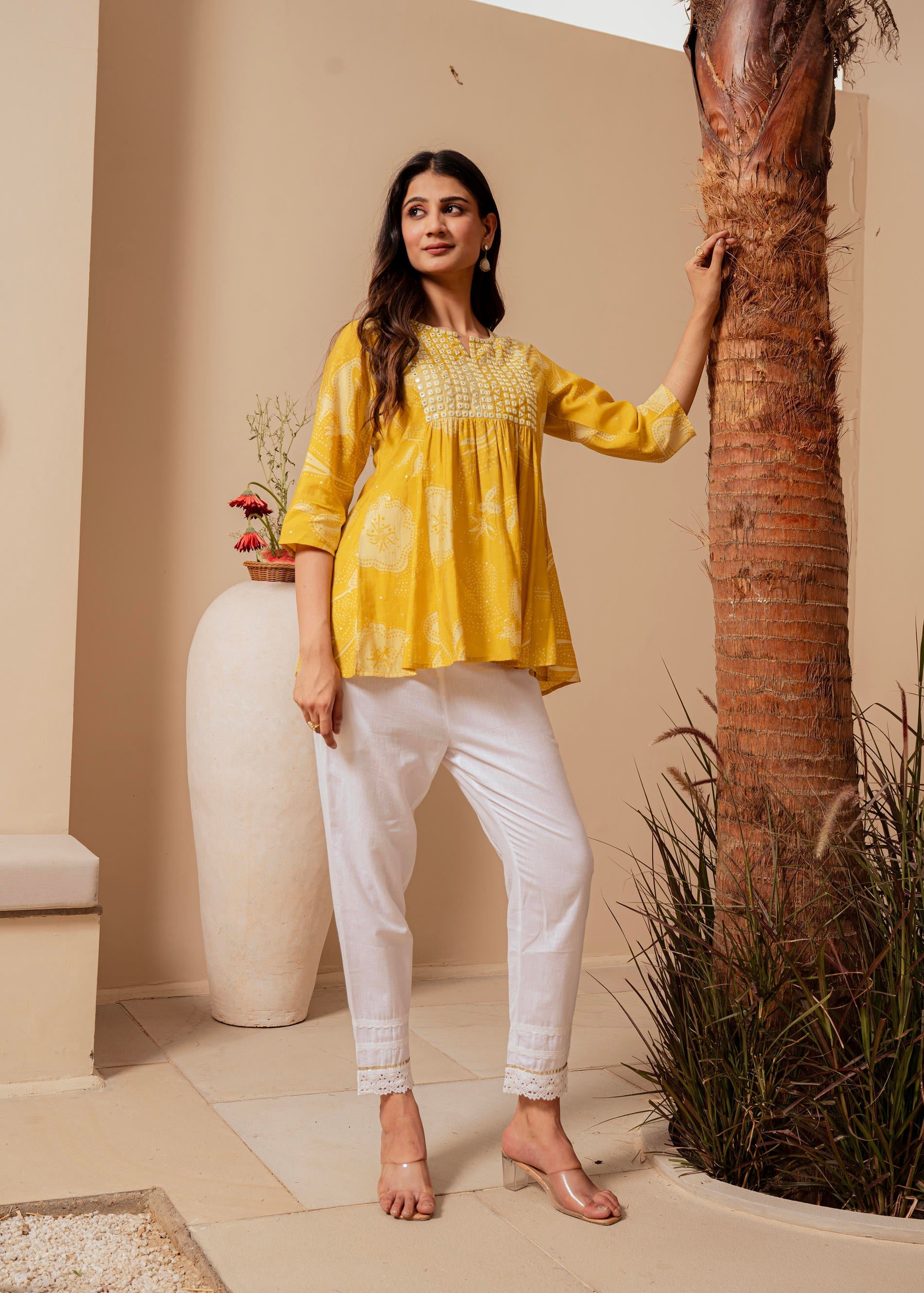 Juniper Mustard Ethnic Motifs Viscose Tunic With Thread Work And Mirror Detailing - Distacart