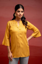Juniper Mustard Polka Dot Viscose Tunic With Thread Work, Mirror & Button Detailing - Distacart