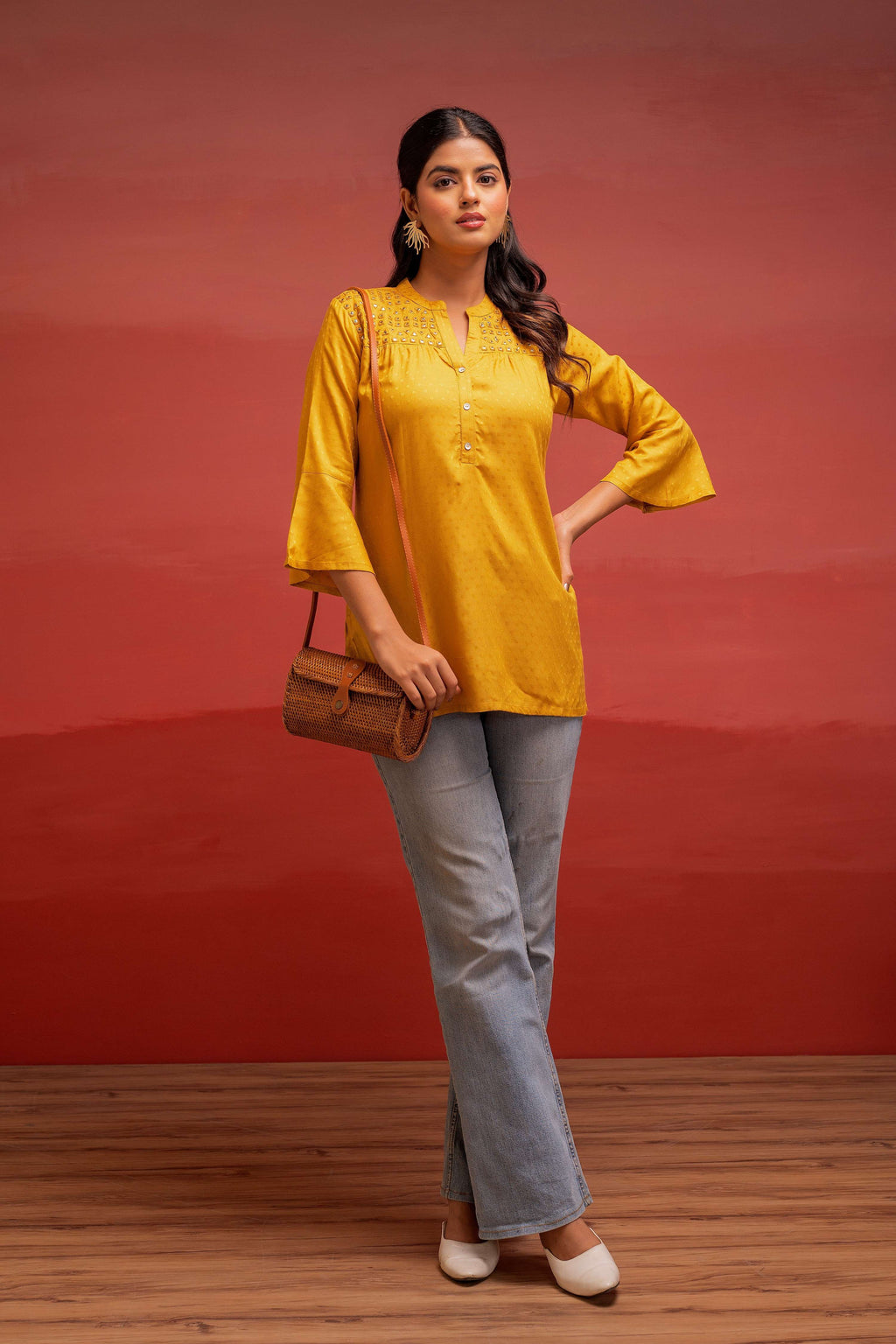 Juniper Mustard Polka Dot Viscose Tunic With Thread Work, Mirror & Button Detailing - Distacart