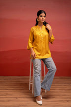 Juniper Mustard Polka Dot Viscose Tunic With Thread Work, Mirror & Button Detailing - Distacart