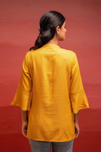 Juniper Mustard Polka Dot Viscose Tunic With Thread Work, Mirror & Button Detailing - Distacart