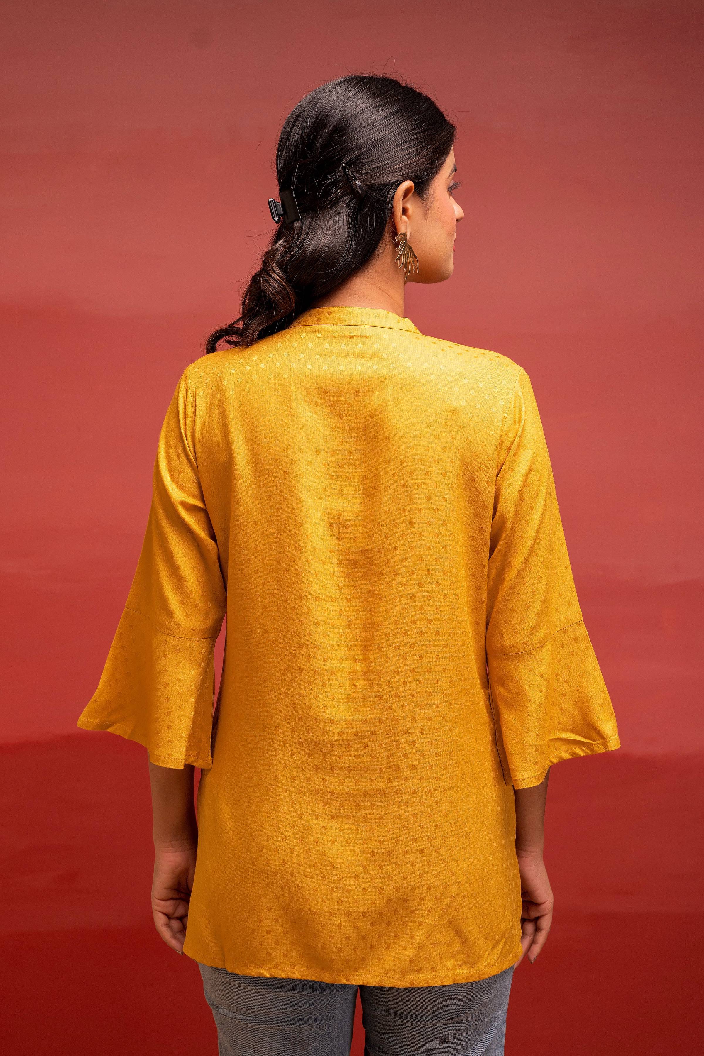 Juniper Mustard Polka Dot Viscose Tunic With Thread Work, Mirror & Button Detailing - Distacart
