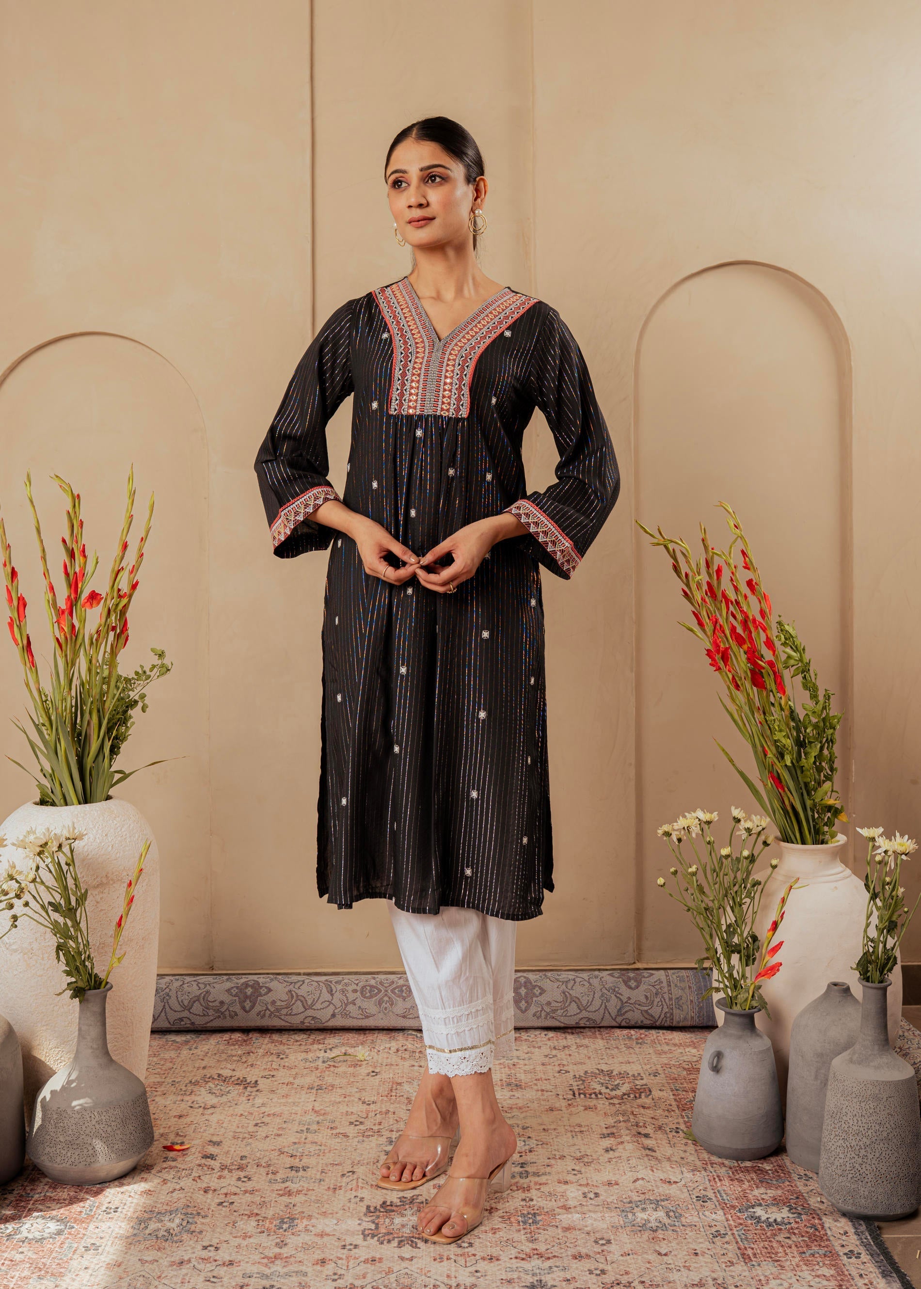 Juniper Black Striped Viscose Kurta With Embroidered Thread Work And Mirror Detailing - Distacart