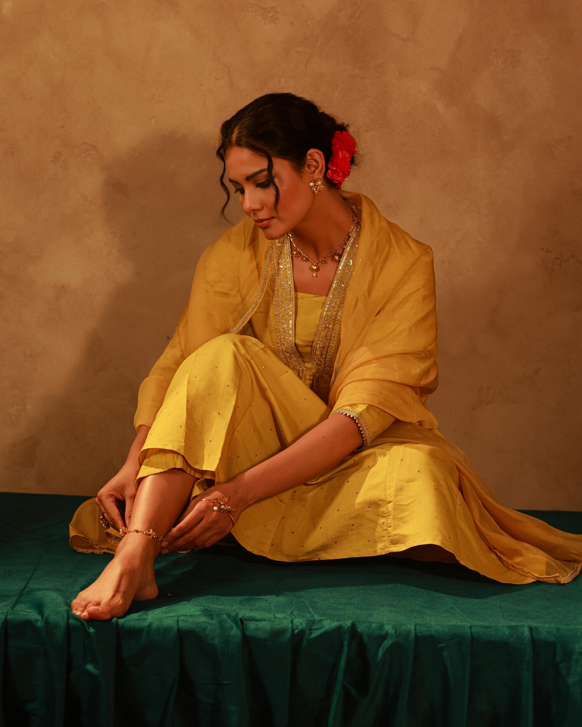 Juniper Yellow Viscose Flared Kurta Pant And Dupatta Set With Zari, Sequin & Lace Work - Distacart