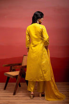 Juniper Yellow Viscose Flared Kurta Pant And Dupatta Set With Zari, Sequin & Lace Work - Distacart