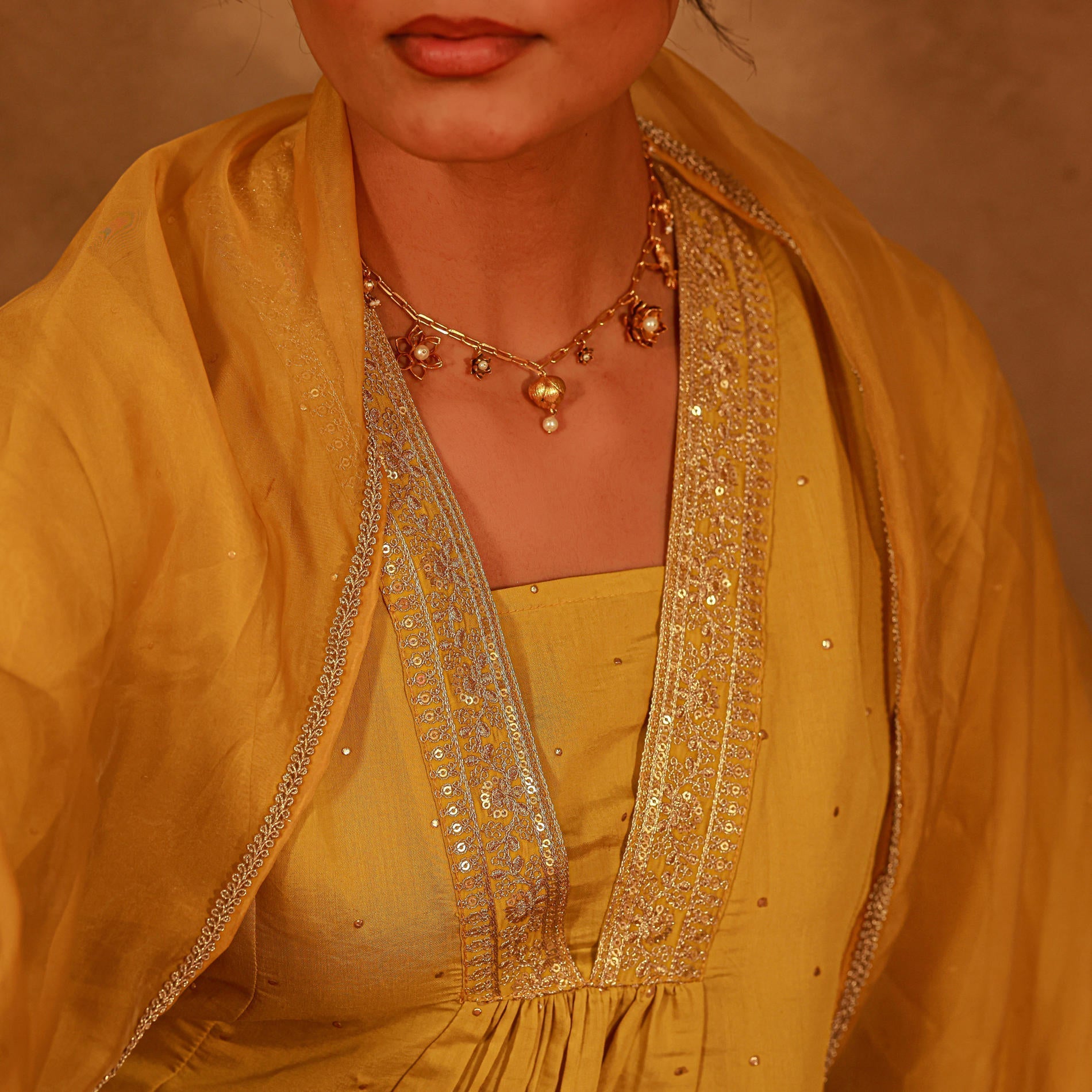Juniper Yellow Viscose Flared Kurta Pant And Dupatta Set With Zari, Sequin & Lace Work - Distacart